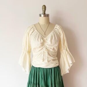India Cotton Peasant Blouse Cream Bell Sleeve Ruched Renfaire Milkmaid Top Small